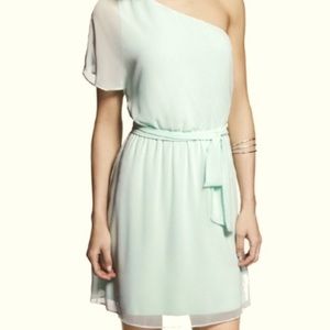 Express One Shoulder Chiffon Mint Green Midi Dress